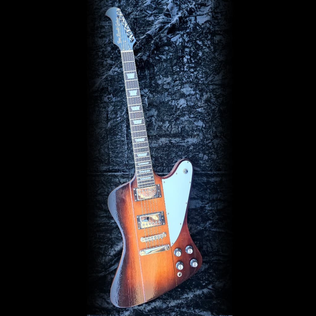Custom guitar photographed in natural light.